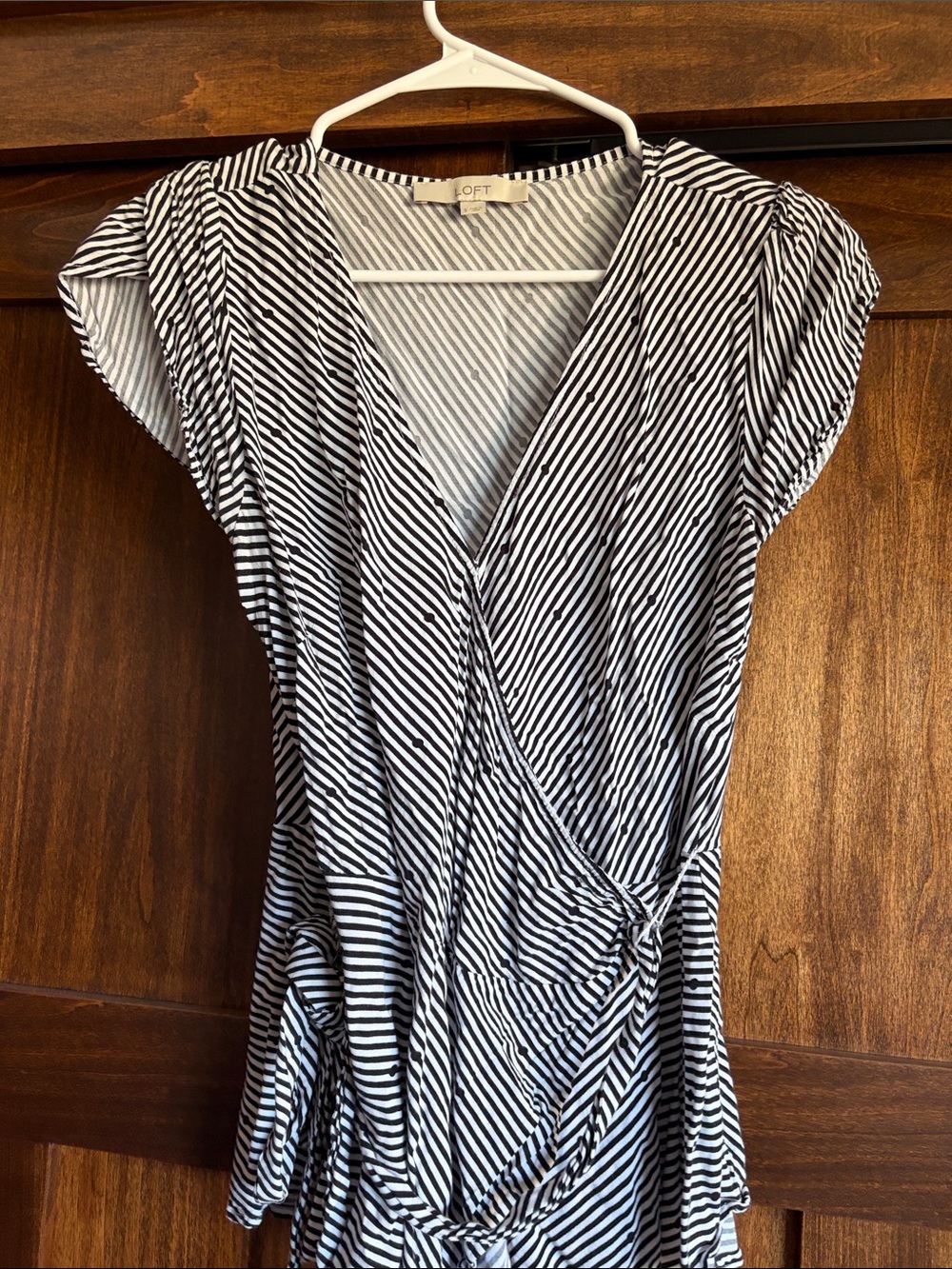 LOFT Black & White Striped Wrap Top with Tie